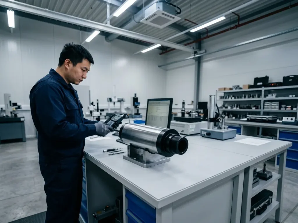 Precision quality testing of outer diameter 140mm 205 workpiece spindle in metrology lab
