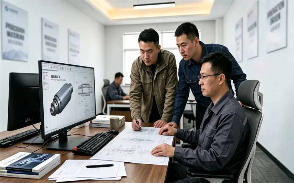 Engineers reviewing CAD drawings and technical solutions for custom CNC motor spindles